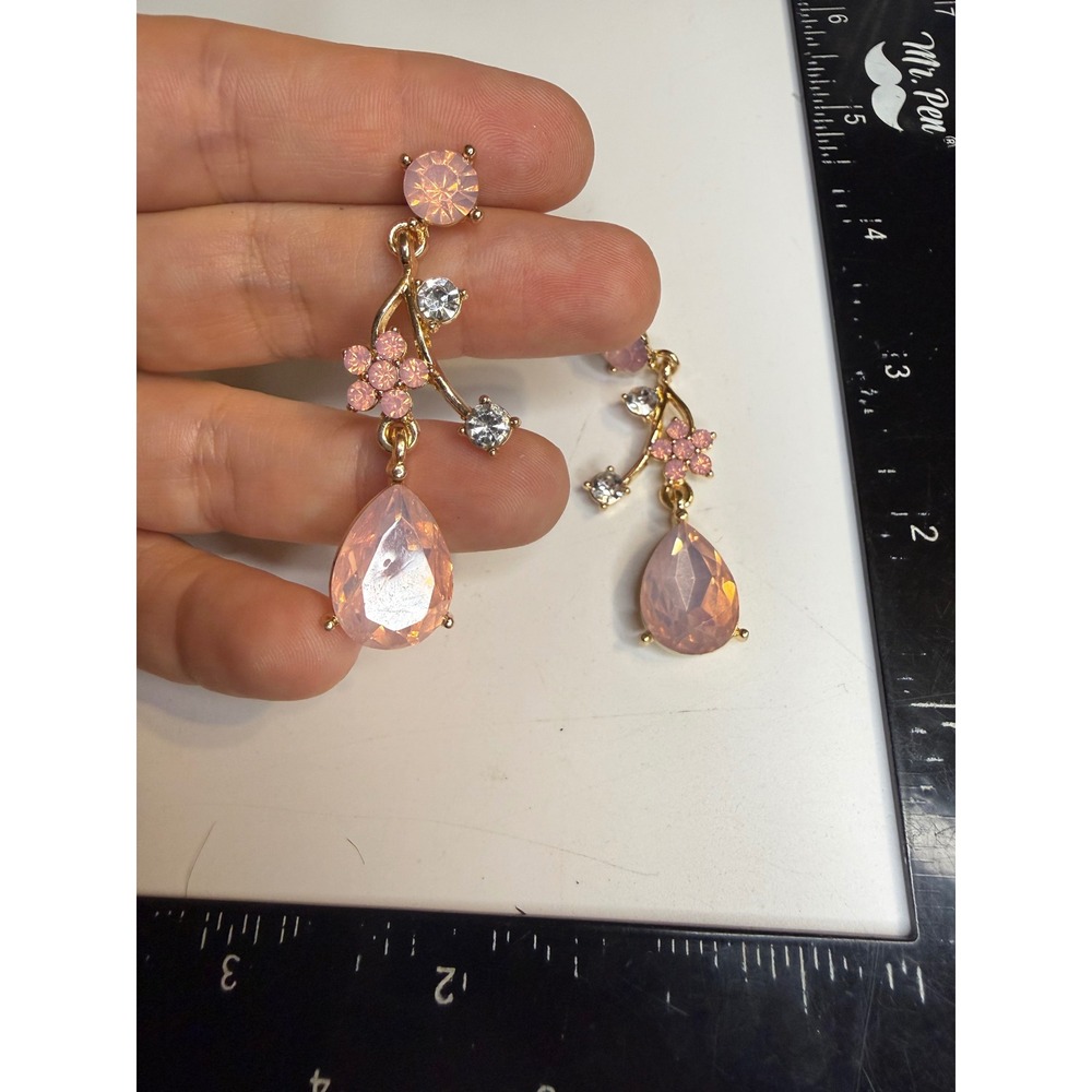 Pink Crystal Floral Vine Teardrop Dangle Earrings Gold Tone Bridal Wedding